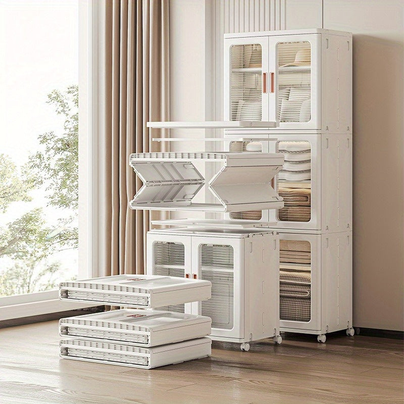 🧺 Armoire de rangement moderne en plastique blanc 2/3 pièces – Portes vitrées, organisateur polyvalent et mobile !